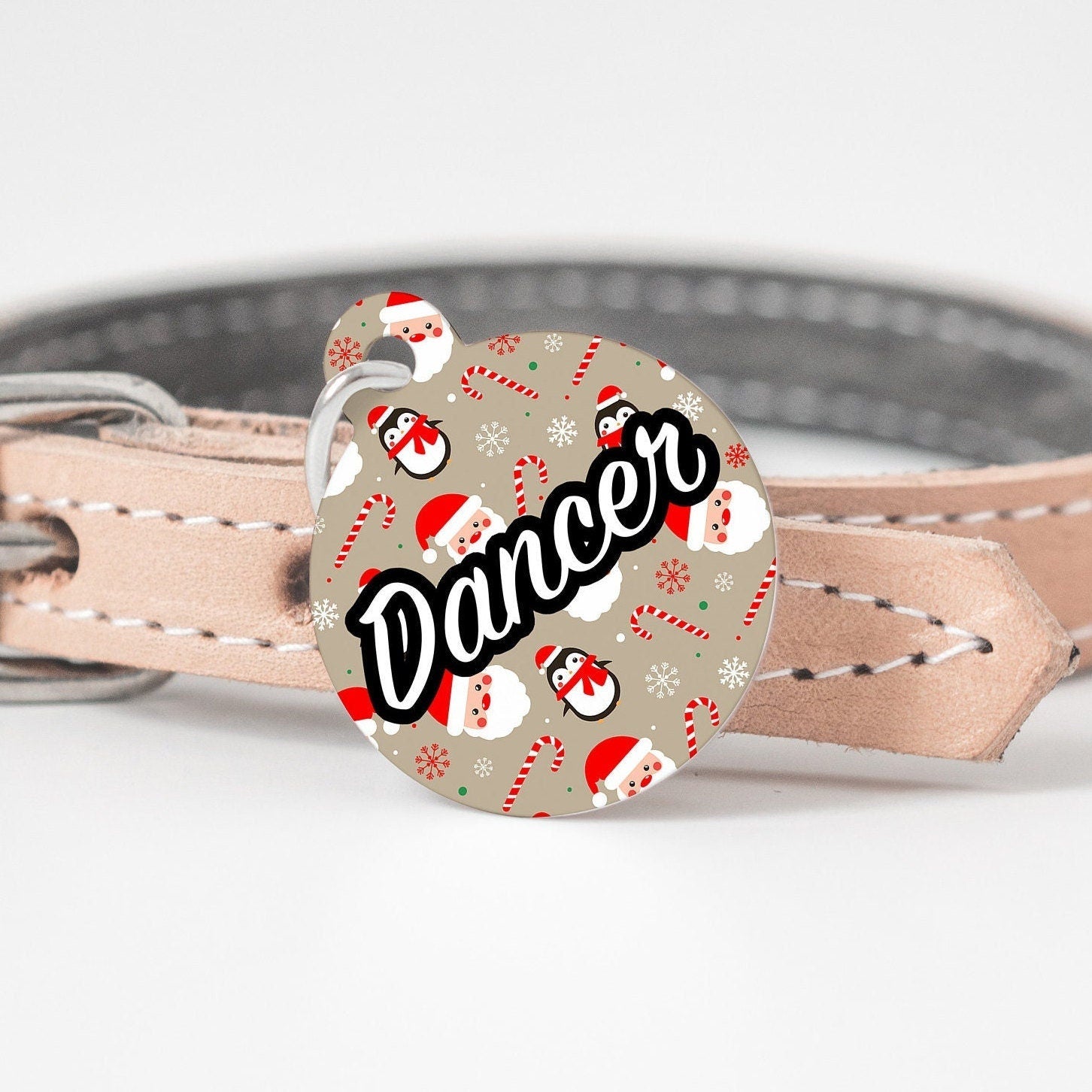 Santa and Penguins Christmas Large Round Personalized Tag - Custom Ink Infused Tag - Black Dog Engraving