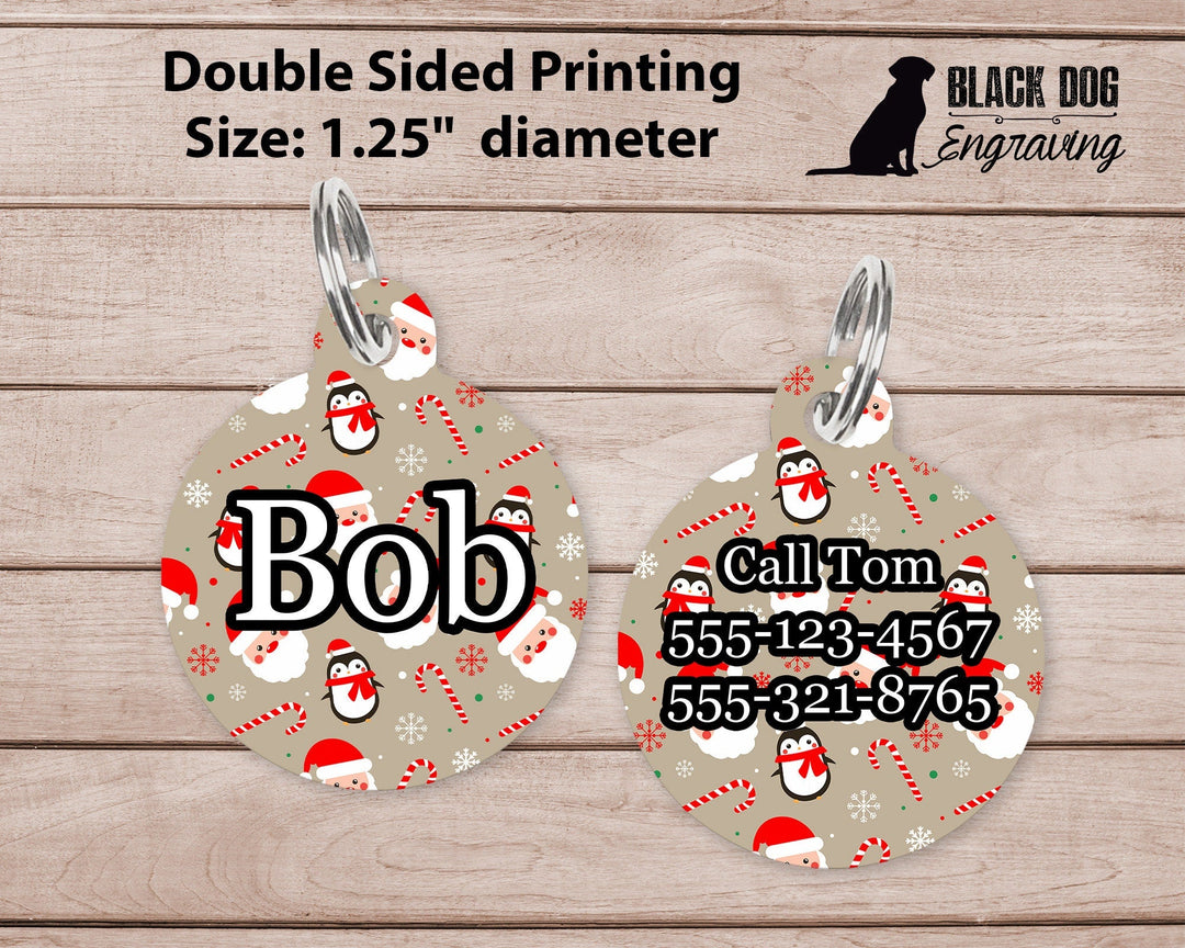 Santa and Penguins Christmas Large Round Personalized Tag - Custom Ink Infused Tag - Black Dog Engraving