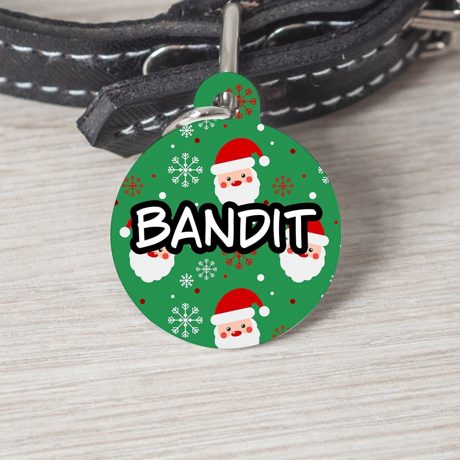Santa Christmas Large Round Personalized Tag - Custom Ink Infused Tag - Black Dog Engraving