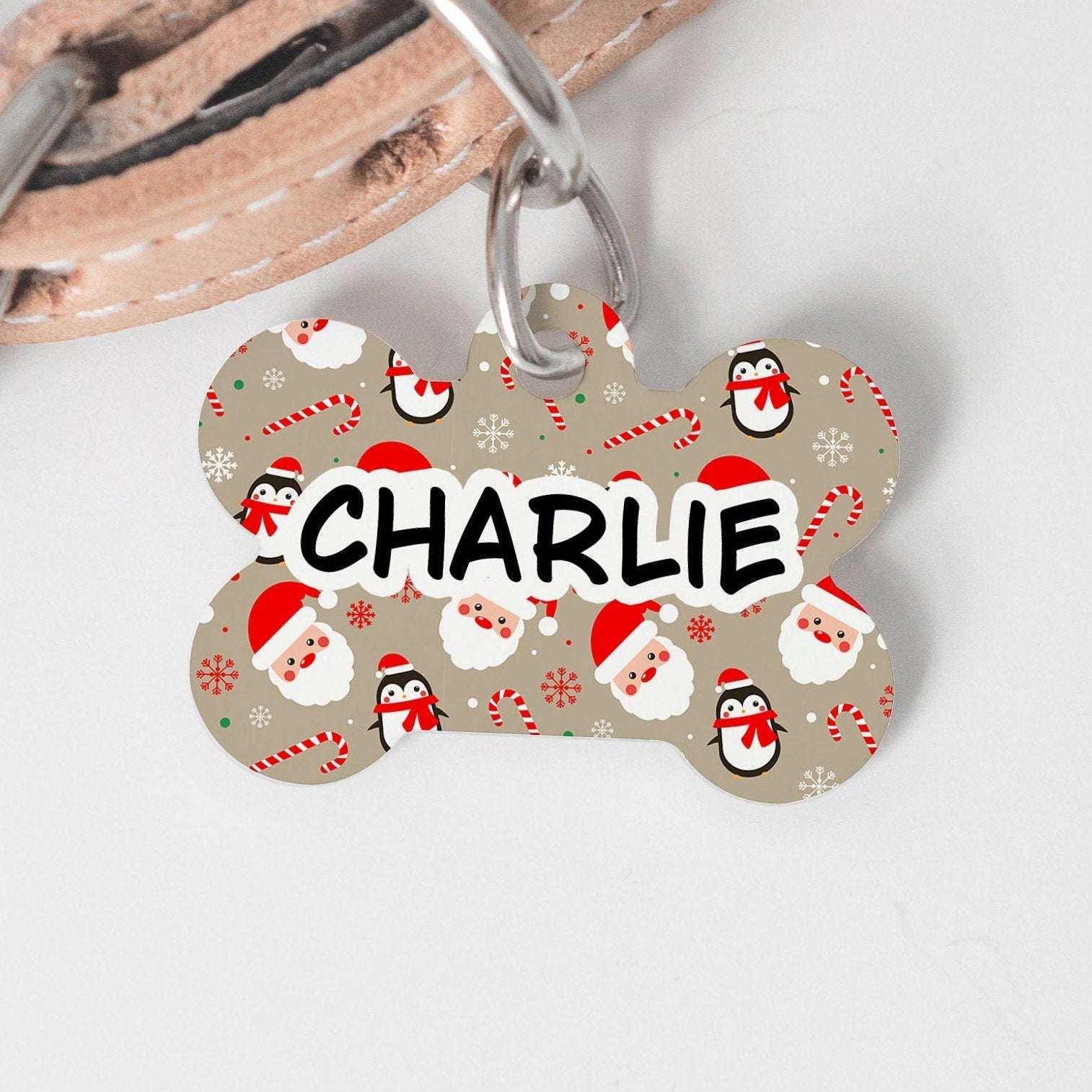 Santa Penguin Christmas Medium Dog Bone Personalized Tag - Custom Ink Infused Tag - Black Dog Engraving
