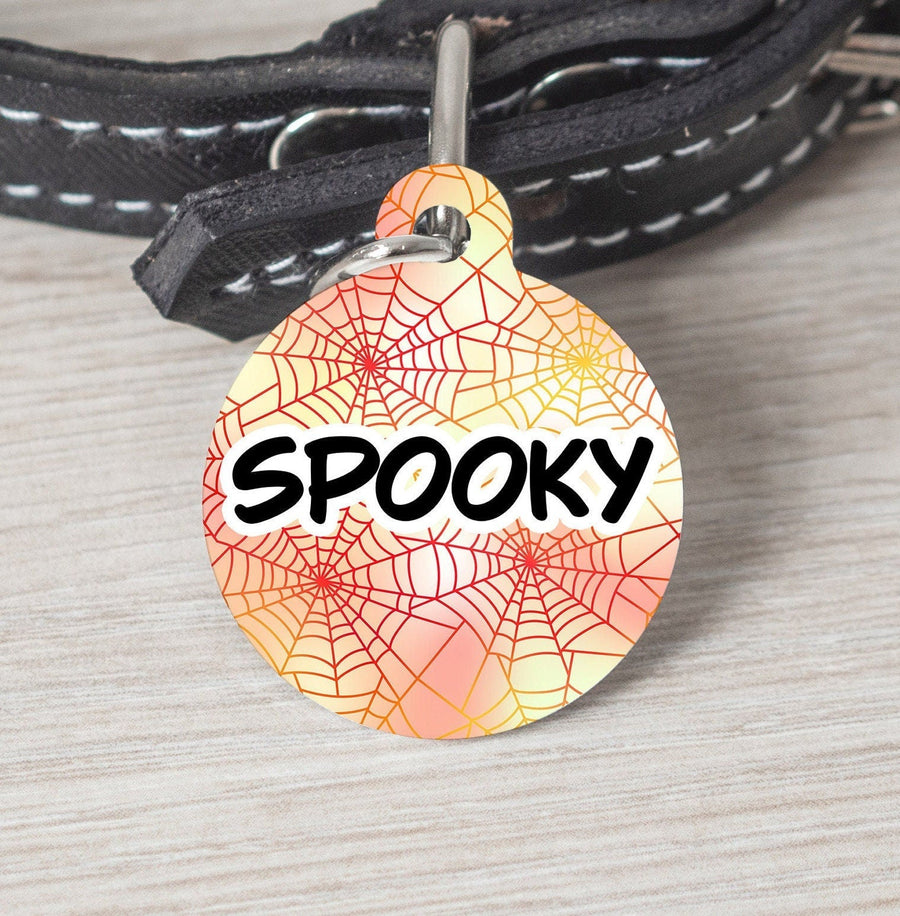 Spider Web Spooky Personalized Tag - Halloween Custom Ink Infused Tag - Black Dog Engraving