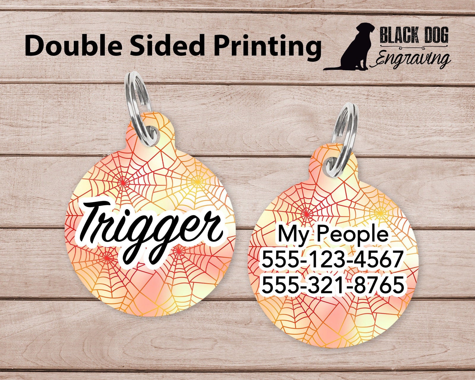 Spider Web Spooky Personalized Tag - Halloween Custom Ink Infused Tag - Black Dog Engraving