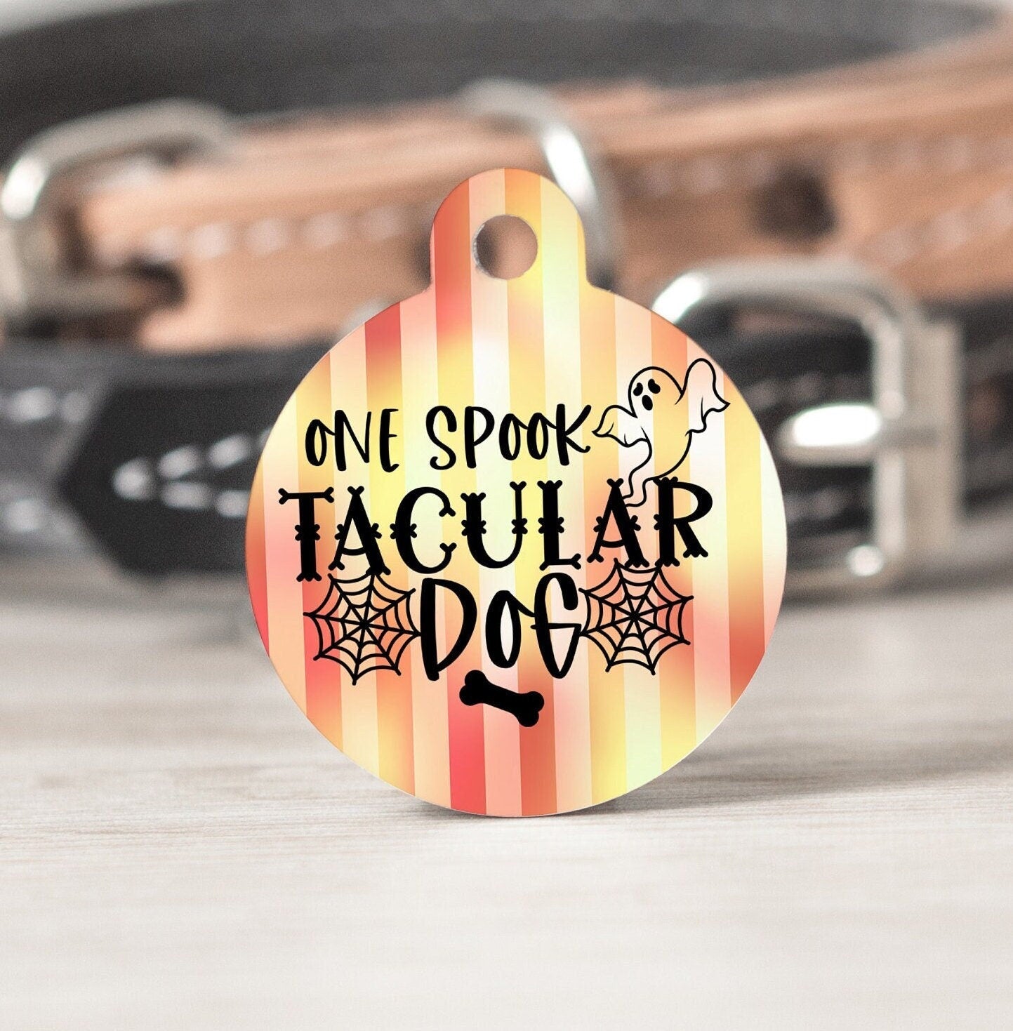 Spooktacular Dog Cute Round Personalized Tag - Halloween Custom Ink Infused Tag - Black Dog Engraving