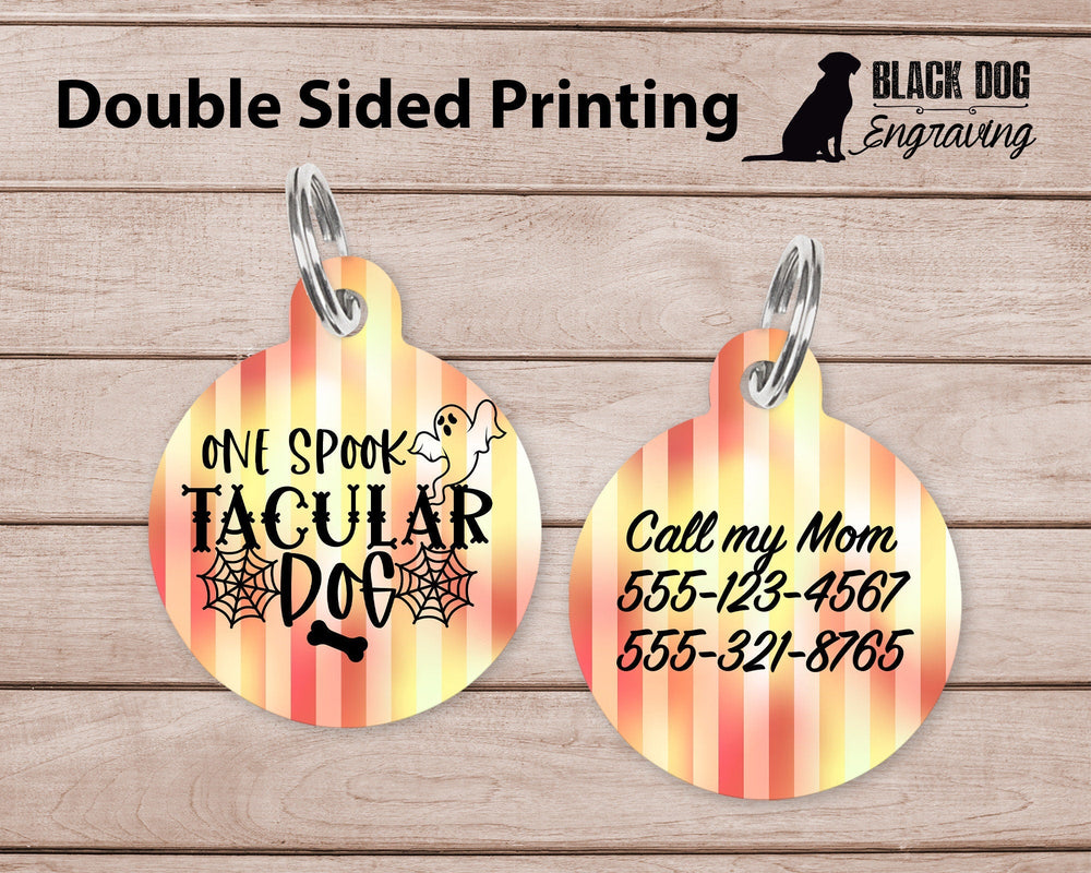 Spooktacular Dog Cute Round Personalized Tag - Halloween Custom Ink Infused Tag - Black Dog Engraving