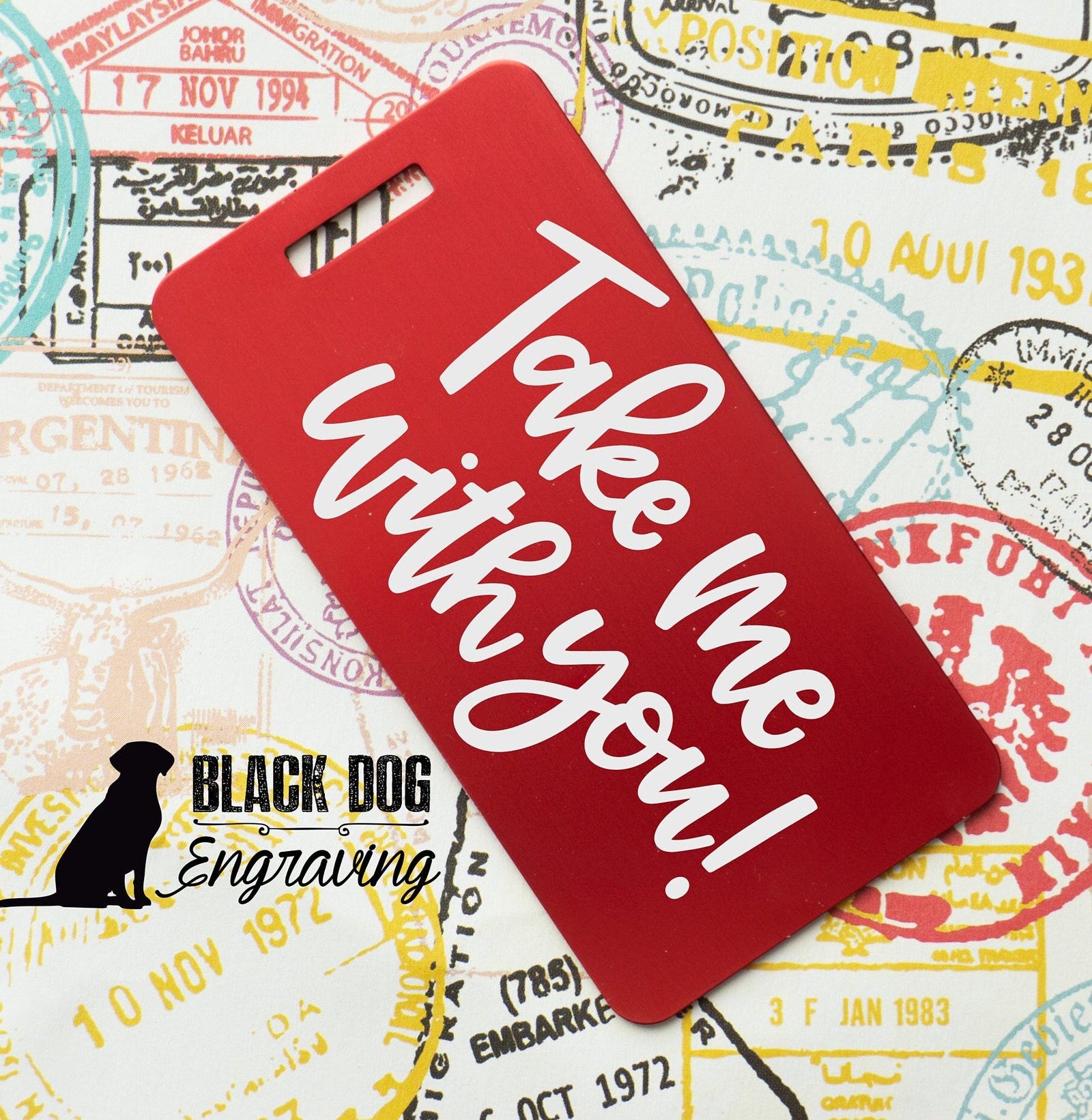 Take Me With You Funny Personalized Metal Luggage Tag - Black Dog Engraving
