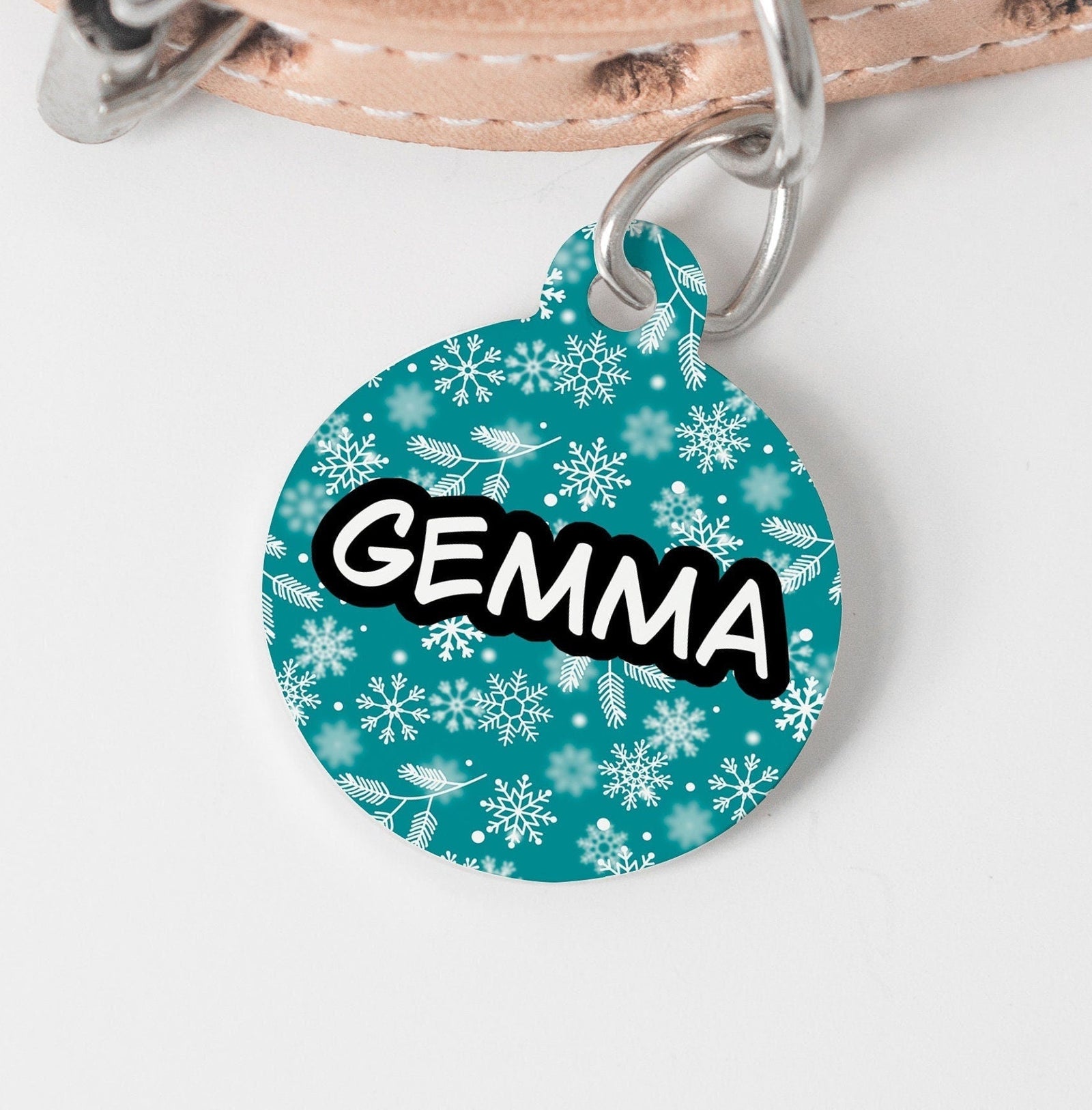 Teal Snowflake Christmas Large Round Personalized Tag - Custom Ink Infused Tag - Black Dog Engraving
