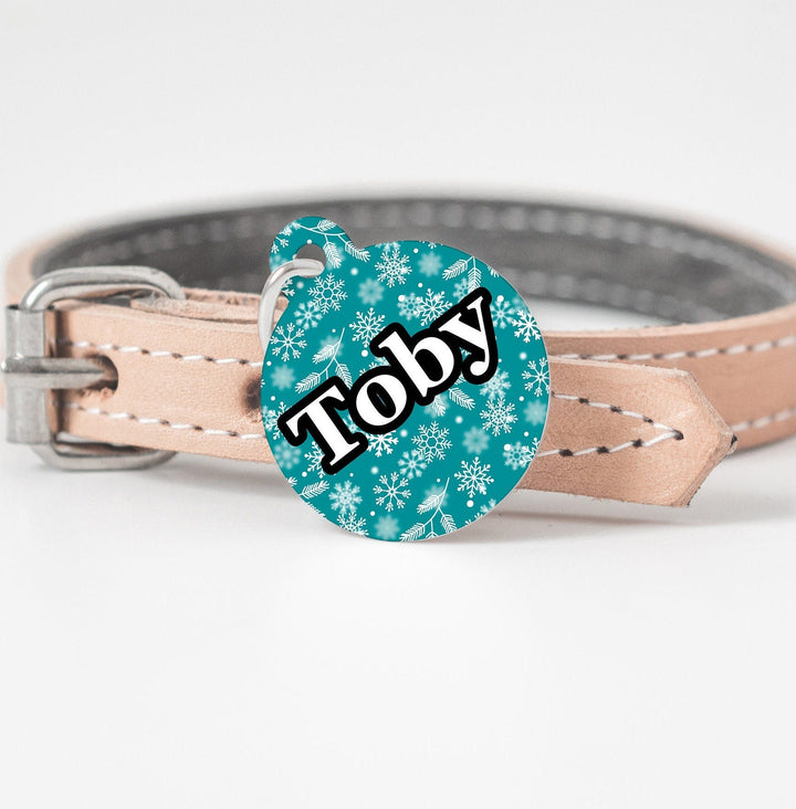 Teal Snowflake Christmas Large Round Personalized Tag - Custom Ink Infused Tag - Black Dog Engraving
