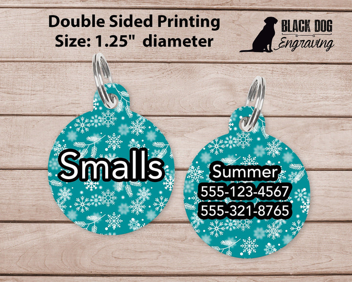 Teal Snowflake Christmas Large Round Personalized Tag - Custom Ink Infused Tag - Black Dog Engraving