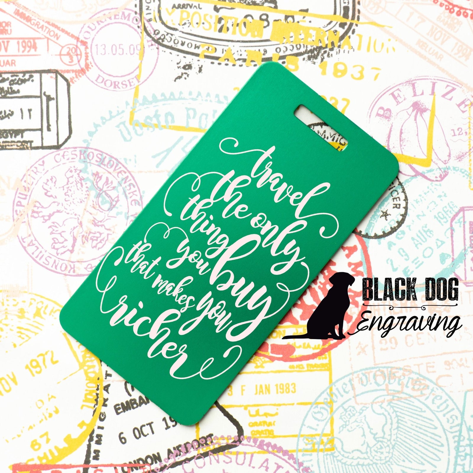 Travel Marks You Richer Personalized Aluminum Luggage Tag - Black Dog Engraving