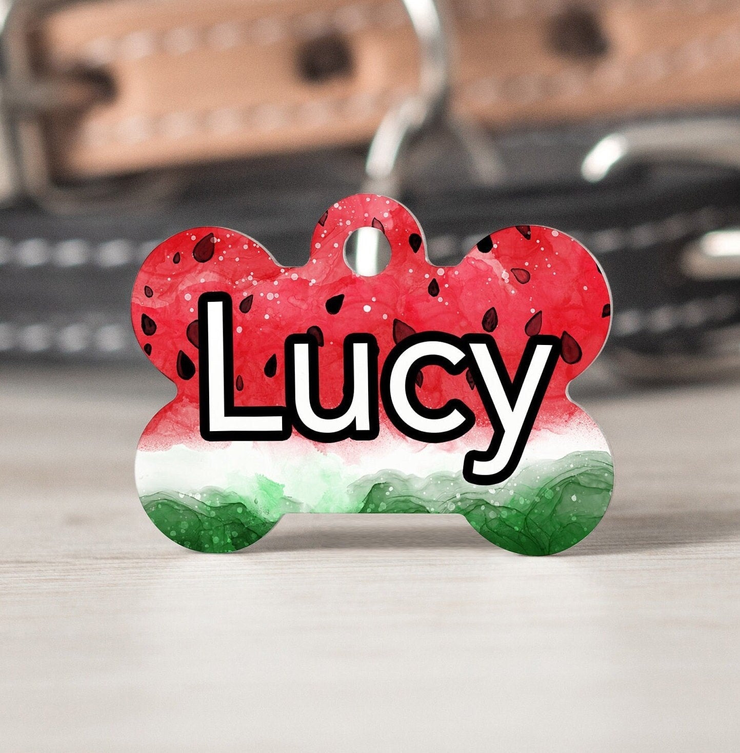 Watermelon Medium Dog Bone Personalized Tag - Custom Ink Infused Tag - Black Dog Engraving