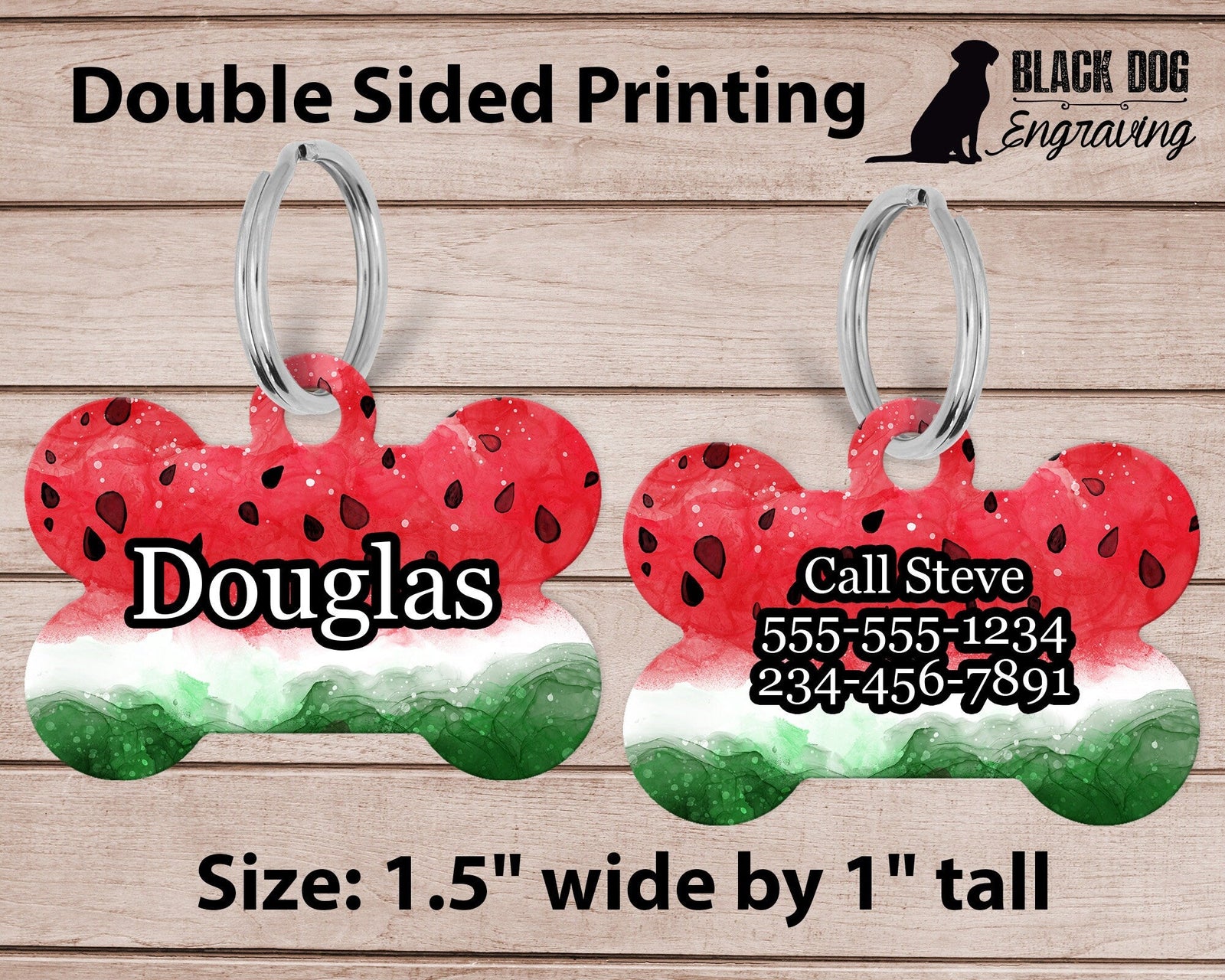 Watermelon Medium Dog Bone Personalized Tag - Custom Ink Infused Tag - Black Dog Engraving