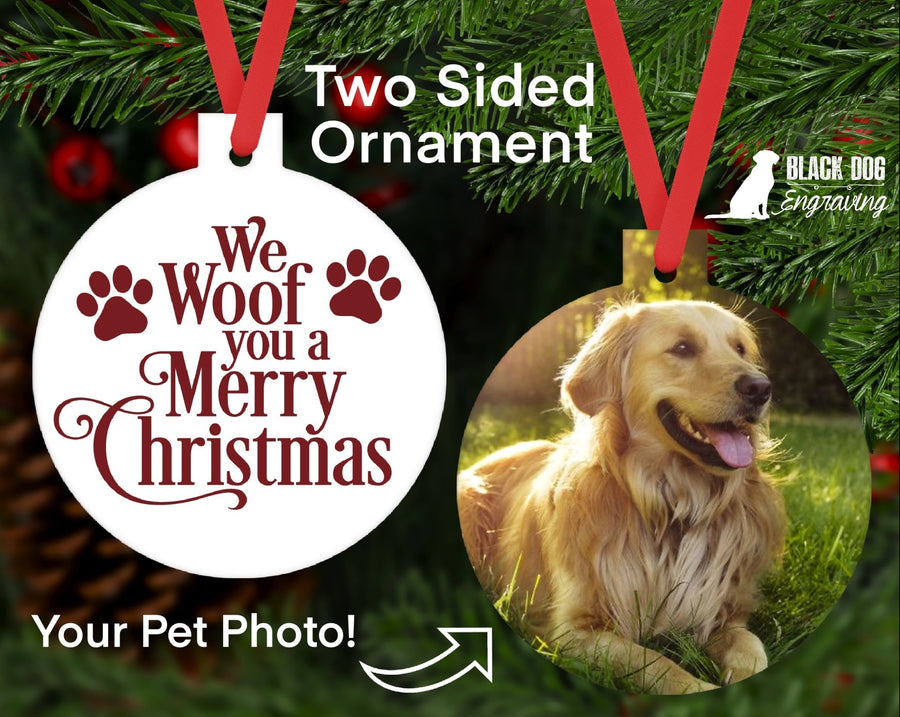 We Woof You a Merry Christmas Round Photo Ornament - Black Dog Engraving