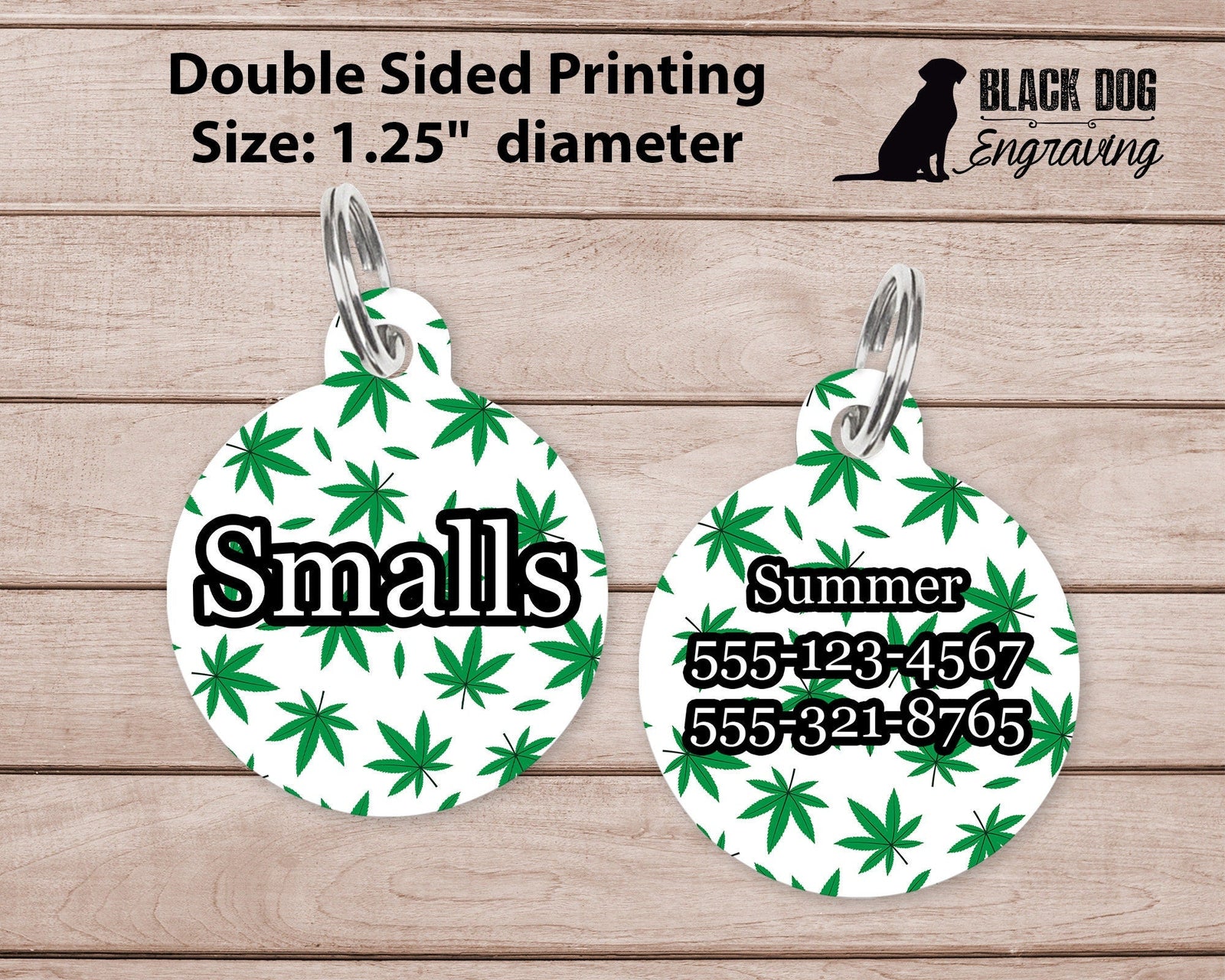 White Marijuana Large Round Personalized Tag - Custom Ink Infused Tag - Black Dog Engraving