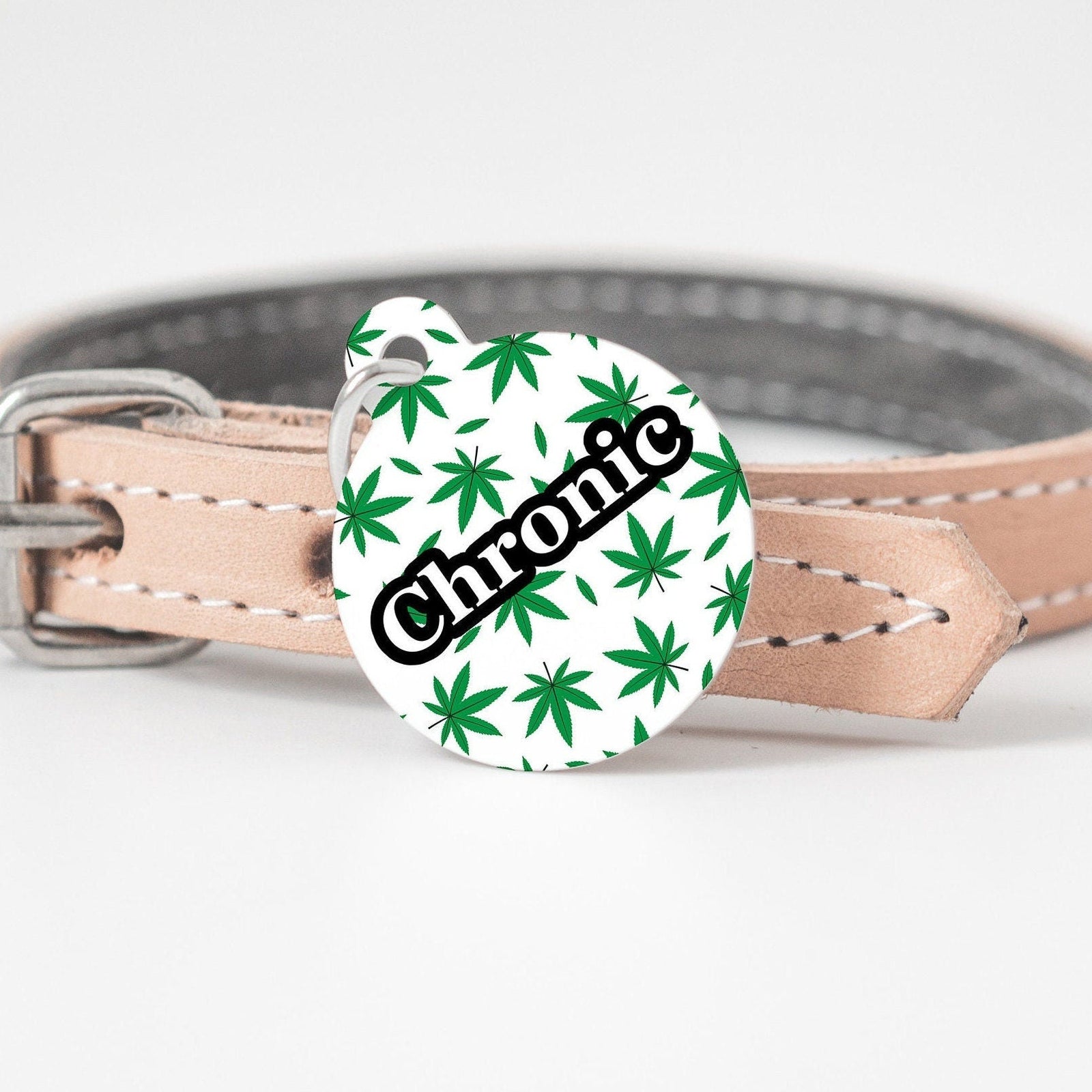 White Marijuana Large Round Personalized Tag - Custom Ink Infused Tag - Black Dog Engraving