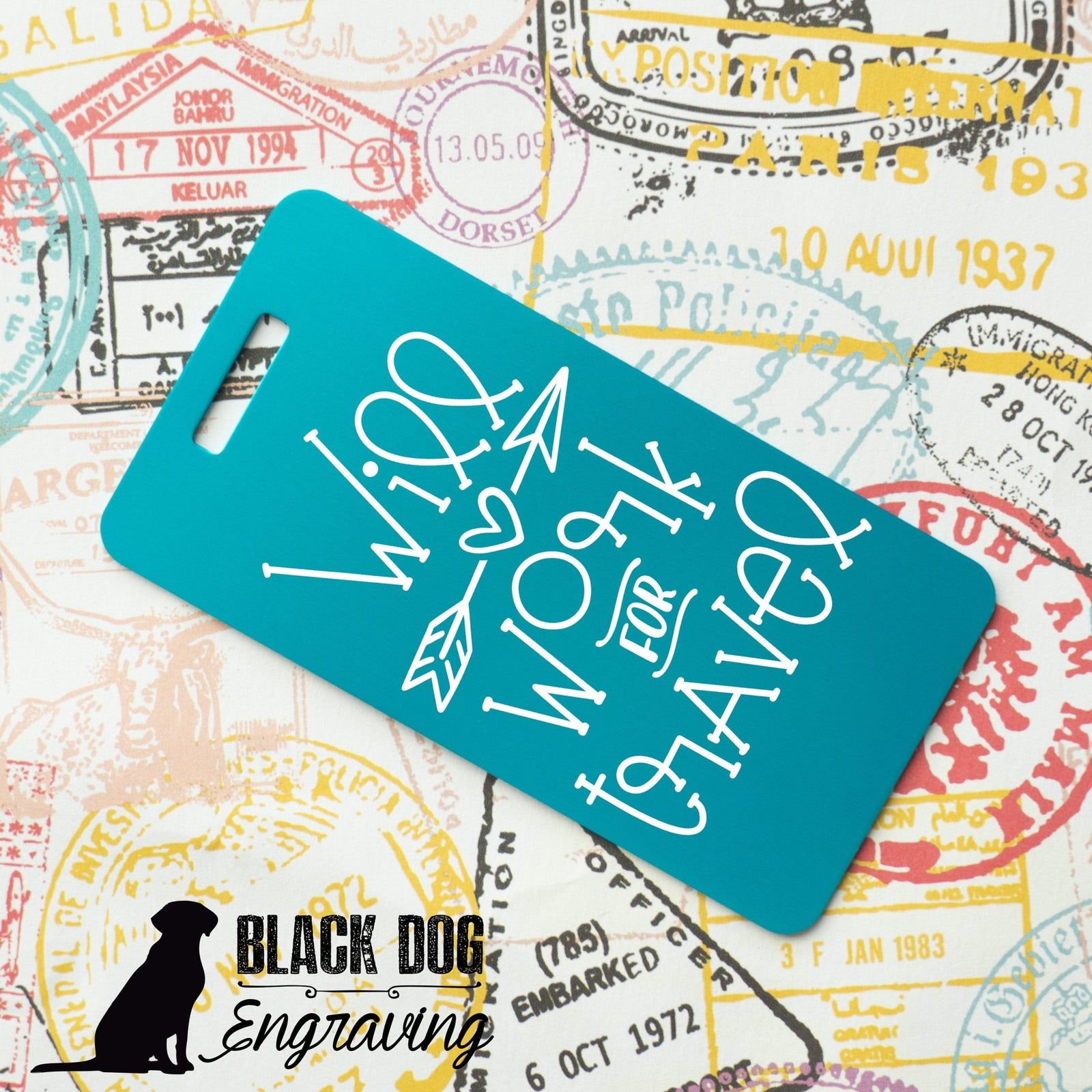 Will Work for Travel Personalized Metal Luggage Tag - Black Dog Engraving