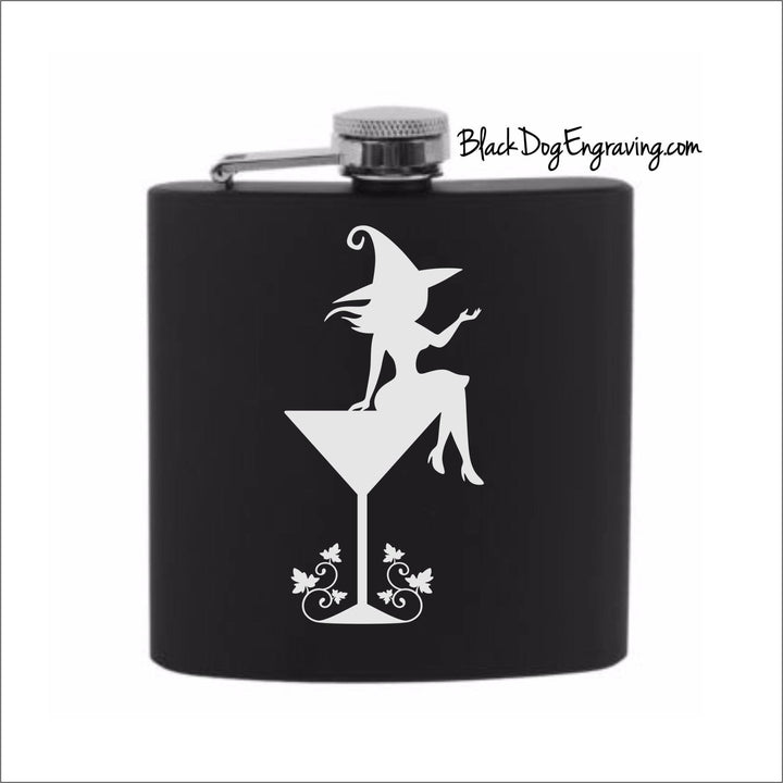 Witch on Cocktail Glass Halloween Flask - Black Dog Engraving