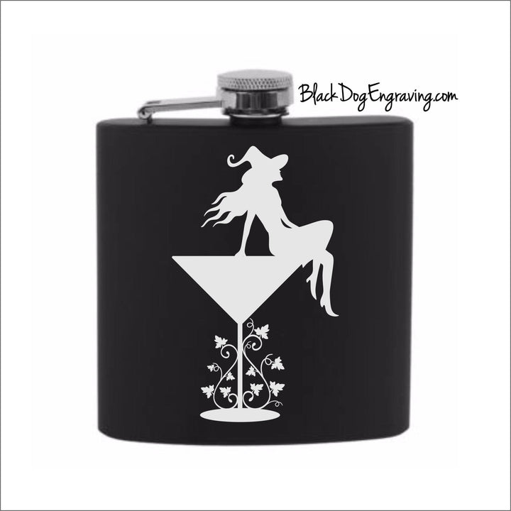 Witch on Martini Glass Halloween Flask - Black Dog Engraving